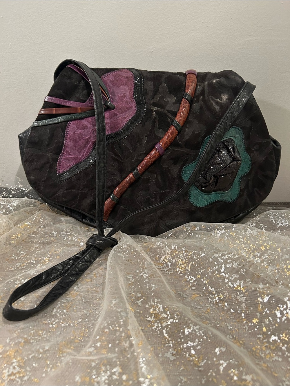 Vintage Reem Black Patchwork Shoulder Bag with Purple & Teal Accents